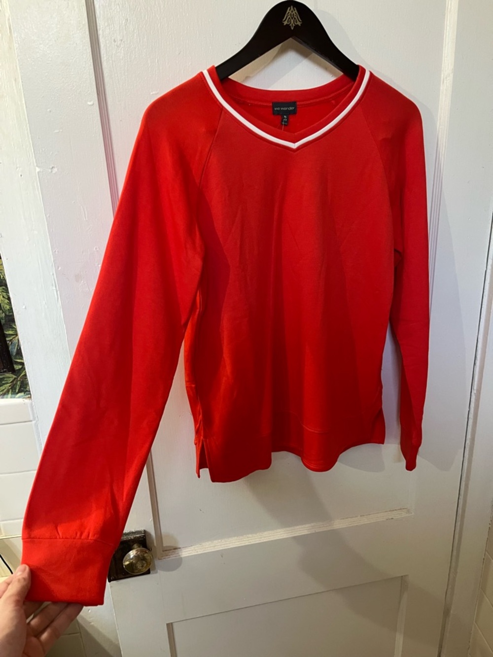 NWT We Wander Girls V Neck Feather Fleece Sweatshirt w White Trim- Red Size XL